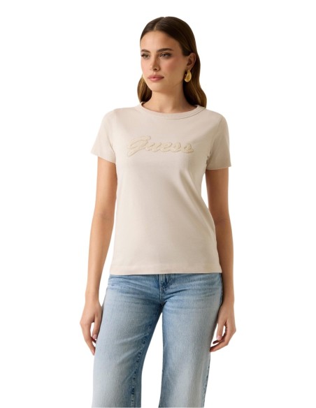 T-shirt femme beige coton Guess