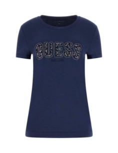 T-shirt femme bleu strass Guess