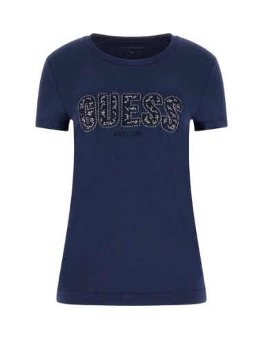 T-shirt femme bleu strass Guess