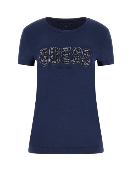 T-shirt femme bleu strass Guess