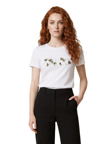 Liu Jo T-Shirt Femme – Beige, imprimé moderne et strass