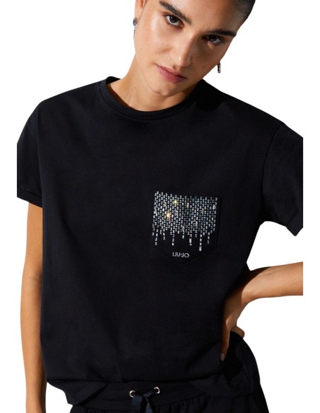 Liu Jo T-Shirt Femme – Noir, poche décorative et coupe moderne