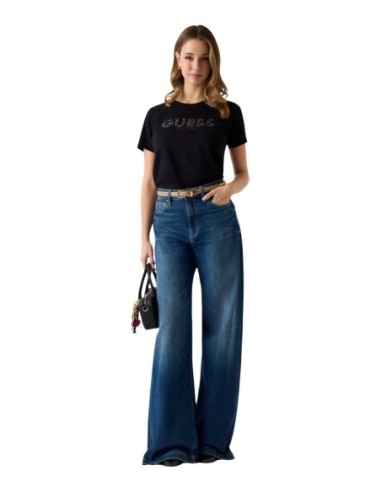 T-shirt femme Guess noir strass script