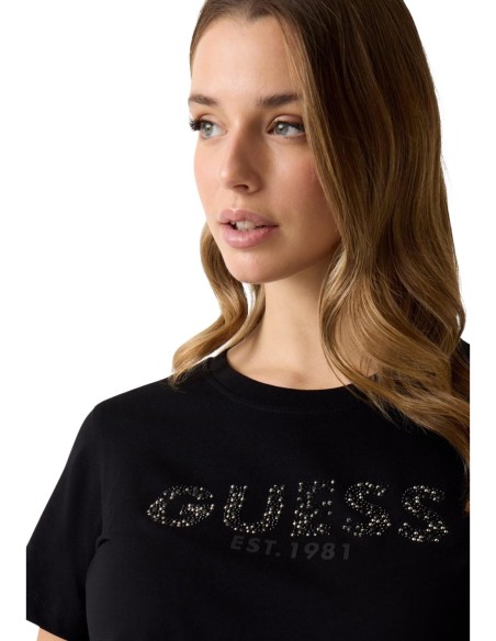 T-shirt femme Guess noir strass script