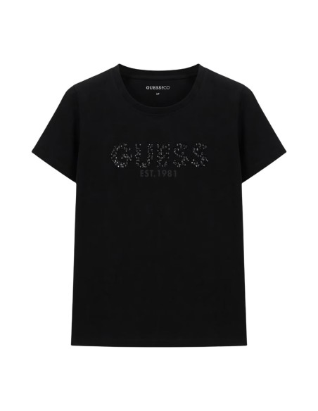 T-shirt femme Guess noir strass script