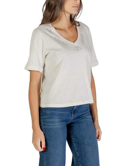 Liu Jo T-shirt femme blanc col V strass – Coton