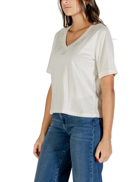 Liu Jo T-shirt femme blanc col V strass – Coton