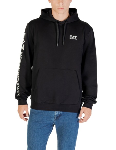 EA7 Sweat homme noir à capuche imprimé – Coton/polyester