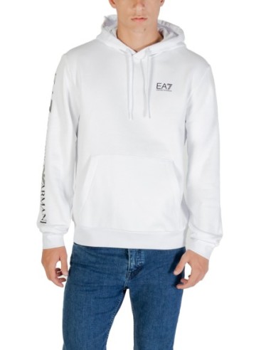 EA7 Sweat homme blanc à capuche imprimé – Coton/polyester