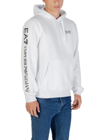 EA7 Sweat homme blanc à capuche imprimé – Coton/polyester
