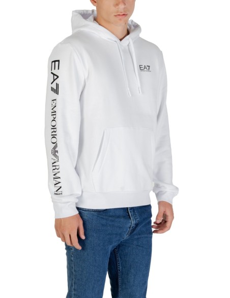 EA7 Sweat homme blanc à capuche imprimé – Coton/polyester