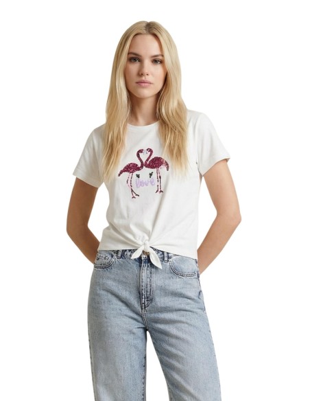 Only T-shirt femme beige imprimé