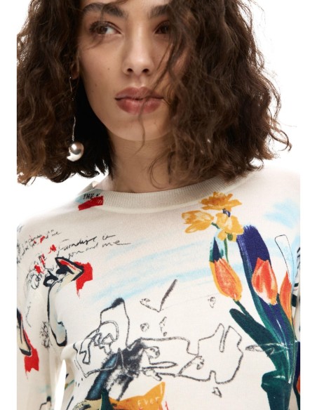 Pull femme beige imprimé Desigual