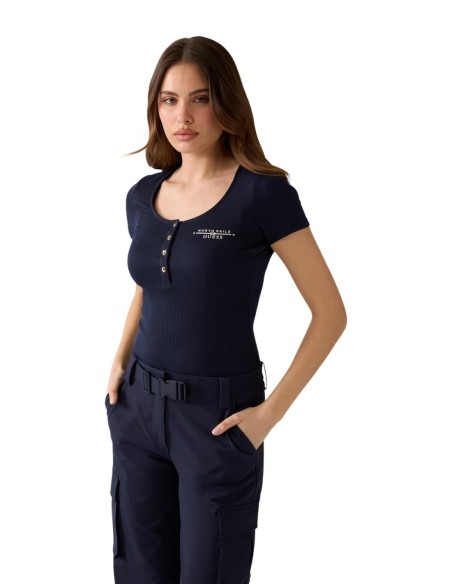 Guess t-shirt bleu femme boutonné | choixmode.fr