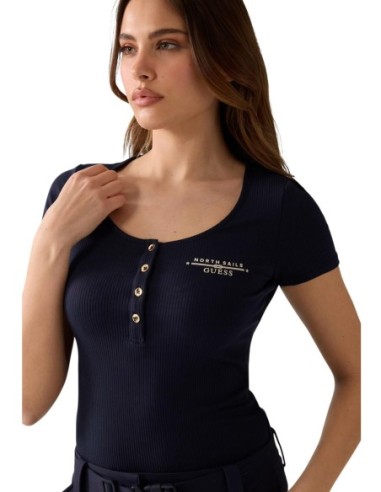 Guess t-shirt bleu femme boutonné | choixmode.fr