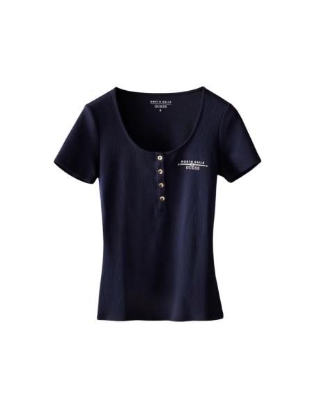 Guess t-shirt bleu femme boutonné | choixmode.fr