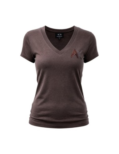 Armani Exchange t-shirt femme marron col V pailleté | ChoixMode