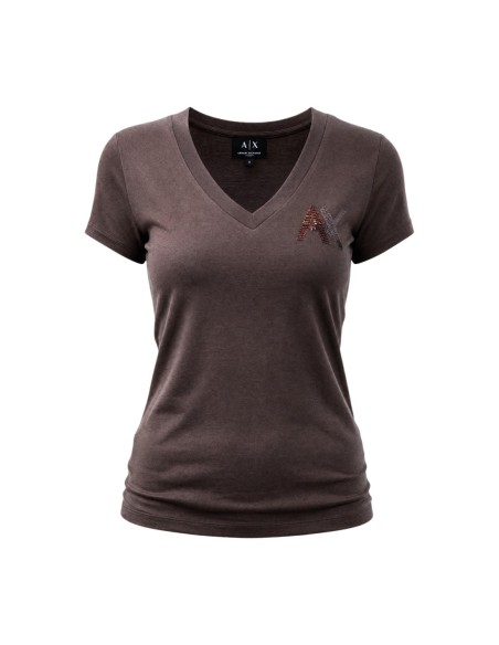 Armani Exchange t-shirt femme marron col V pailleté | ChoixMode